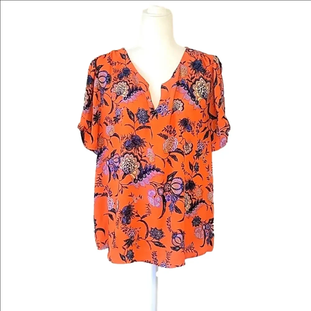 Dr2 XXL orange and blue floral short sleeve tunic blouse top - Picture 2 of 8